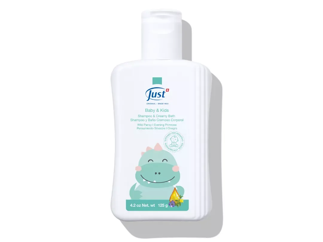 Shampoo y Baño Cremoso Baby & Kids de Swiss Just para el cuidado de bebés y niños — Rincón de Bienestar